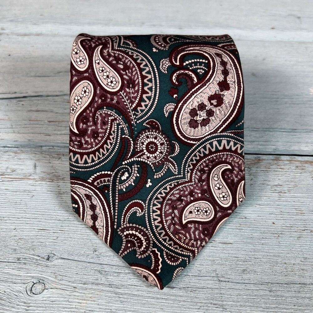 Vintage Stafford Silk Paisley Tie Mens Burgundy Blue Gold 4” Necktie Preppy